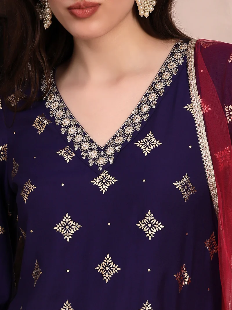 globus Purple Globus Women Purple Ethnic Motifs Foil Print Bell Sleeves V-Neck Sequinned & Zari Embroidered Detail A-Line Kurta With Pant & Net Dupatta Festive Set for Women | Best Price UAE